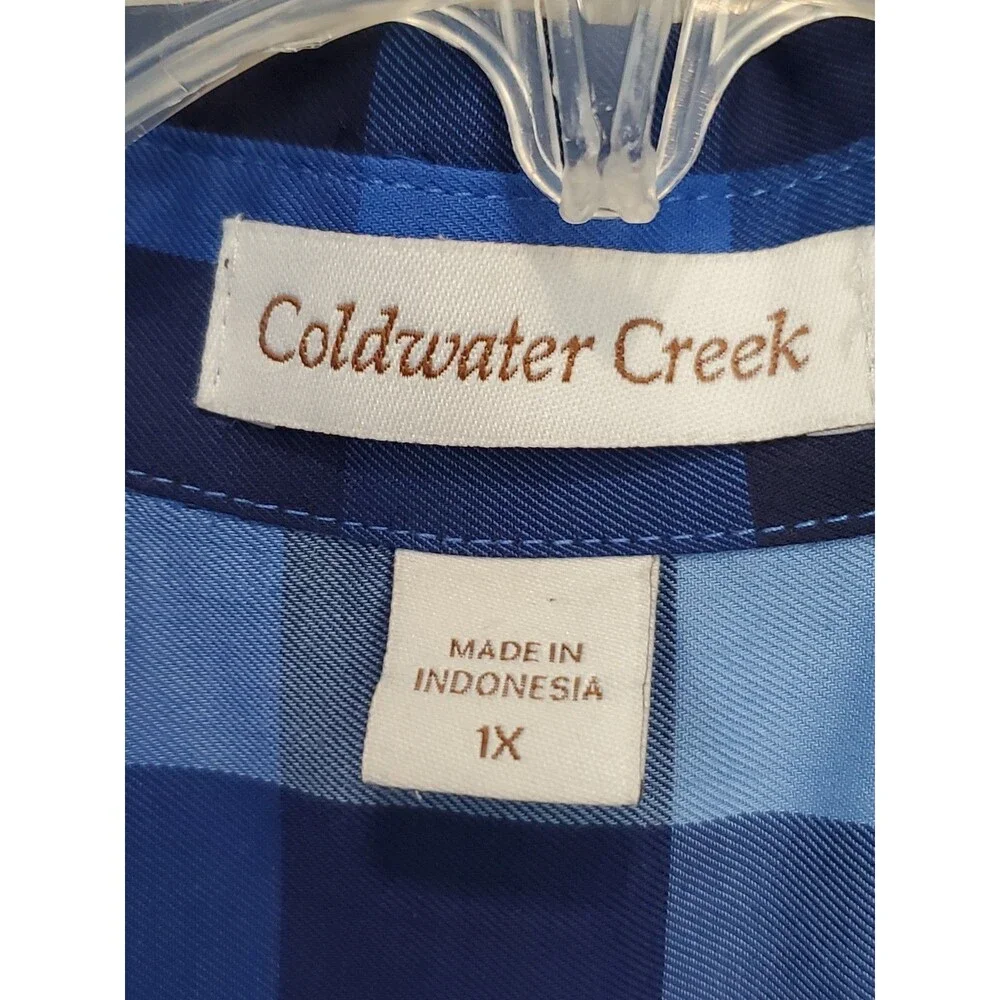 Coldwater Creek Cotton Blend Blue Plaid 3/4 Sleeve Button-Up Tunic Size 1X